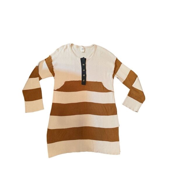 BDG Womens Ivory Brown Tunic Sweater Dress Sz Large Henley Striped Ribbed Knit - Picture 7 of 10